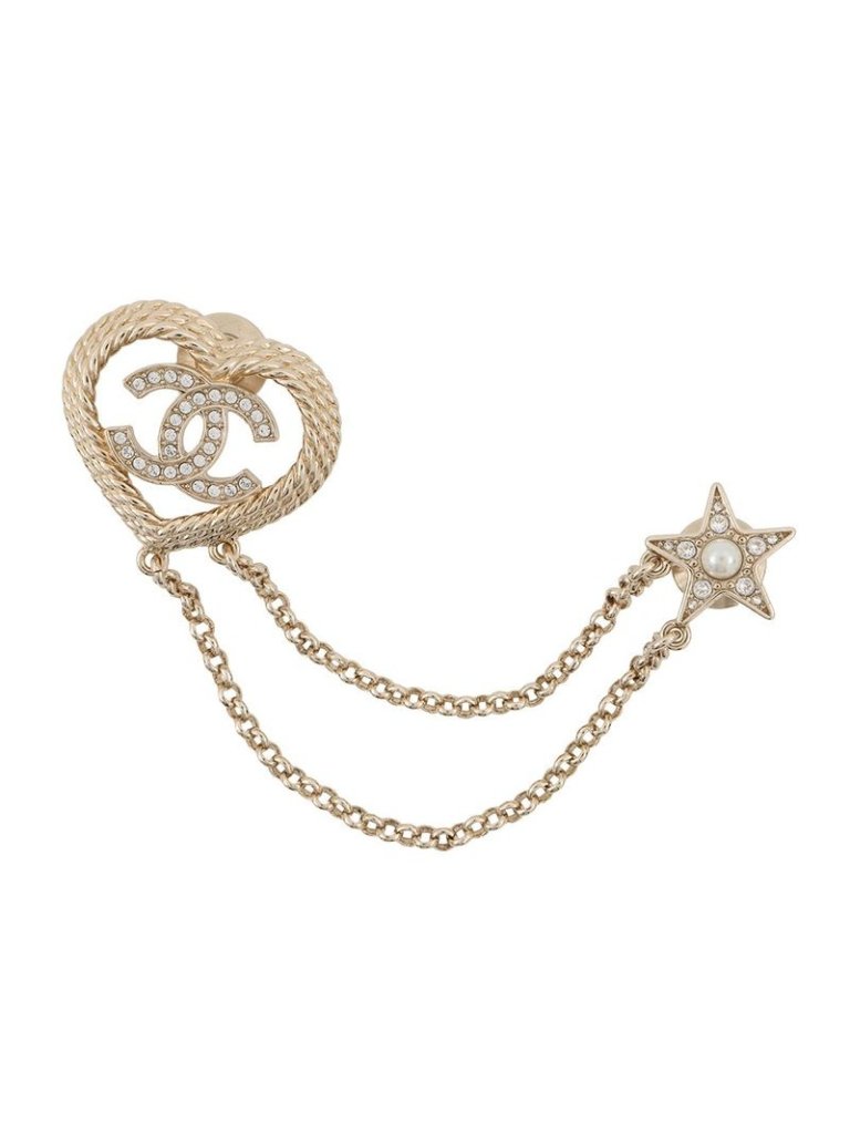 Chanel Brooch Cc Logo Heart Star Rhinestone Faux Pearl Double 1505$